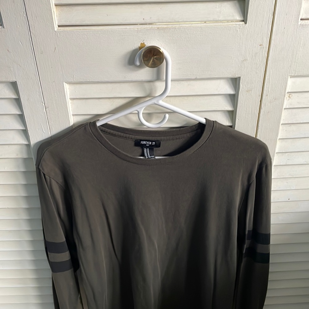 Forever 21 Varsity Long Sleeve T-Shirt, Men, Medium, Olive Green